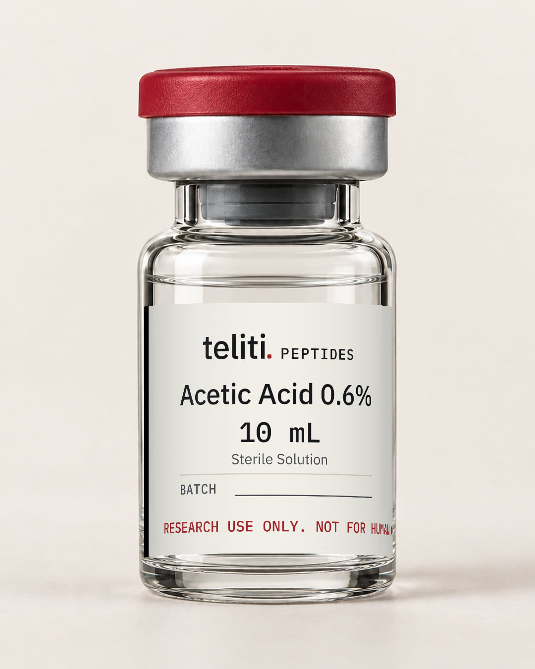 Acetic Acid 0.6% 10 mL clear solution in a 10 mL vial with the Teliti Peptides label