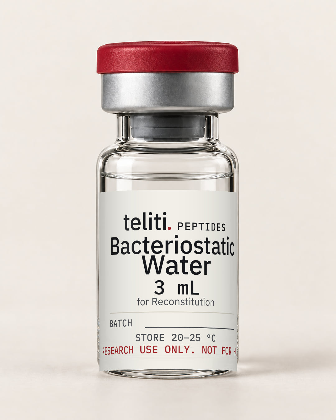 Bacteriostatic Water 3 mL clear solution in a 3 mL vial with the Teliti Peptides label