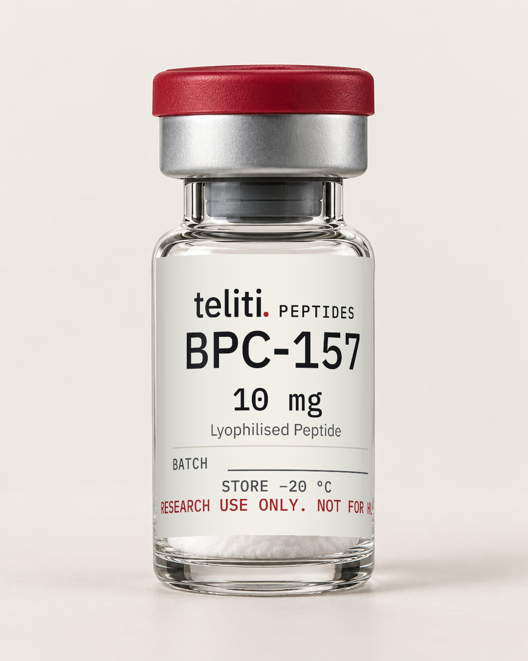 BPC-157 10 mg lyophilised peptide in a 3 mL vial with the Teliti Peptides label