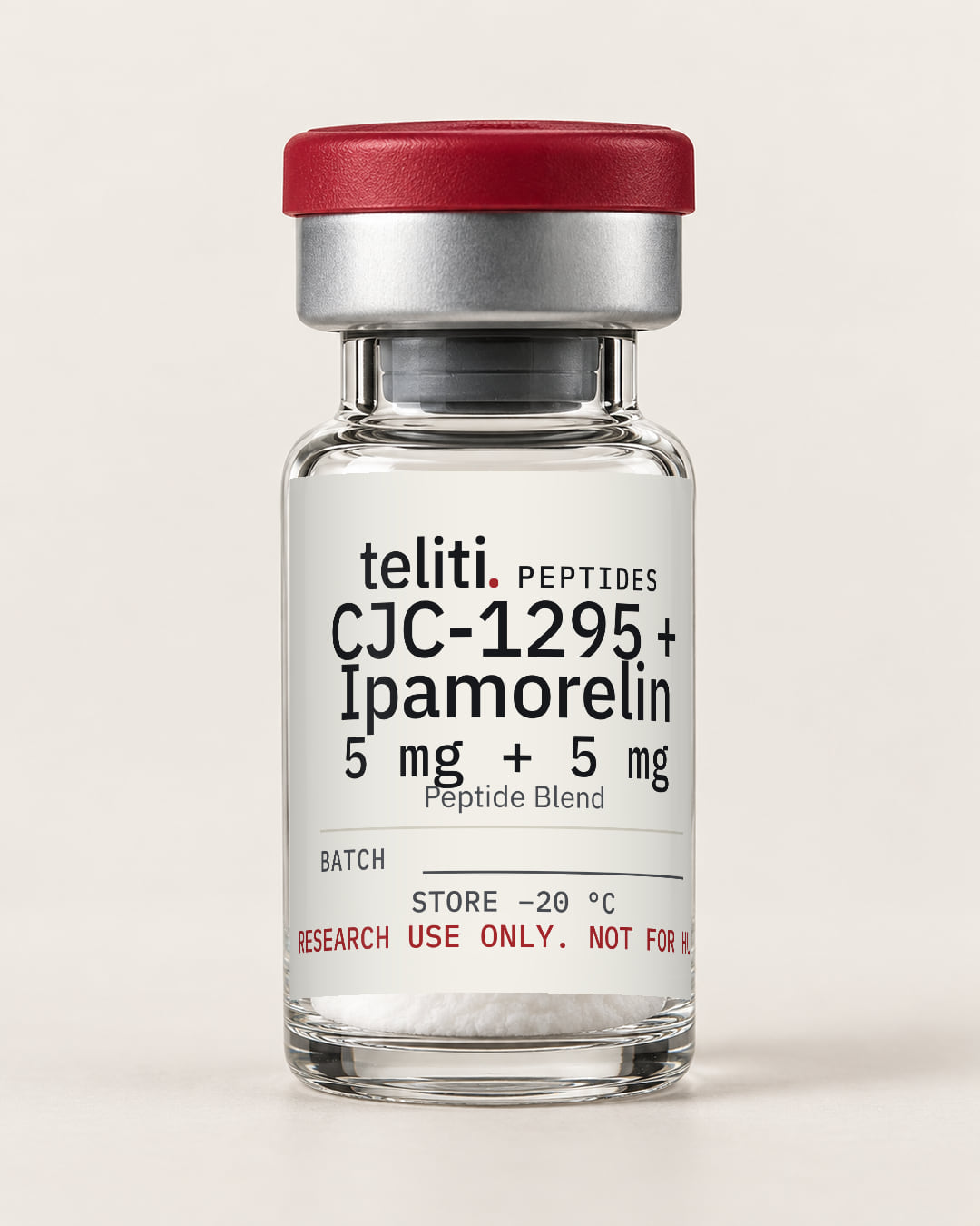 CJC-1295 + Ipamorelin 5 mg + 5 mg lyophilised blend in a 3 mL vial with the Teliti Peptides label