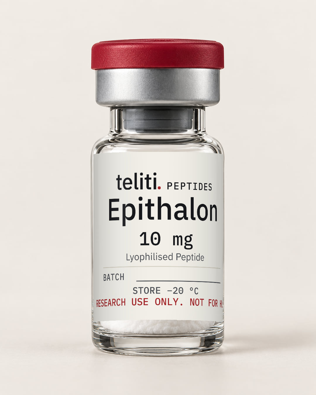 Epithalon 10 mg lyophilised peptide in a 3 mL vial with the Teliti Peptides label