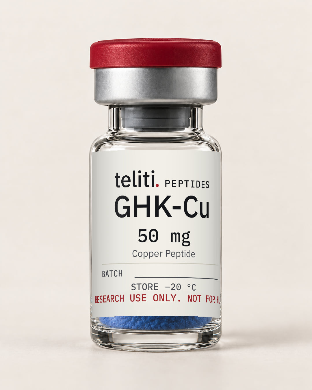 GHK-Cu 50 mg lyophilised peptide in a 3 mL vial with the Teliti Peptides label