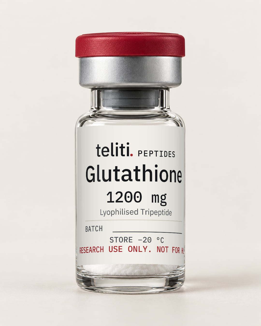 Glutathione 1200 mg lyophilised peptide in a 3 mL vial with the Teliti Peptides label