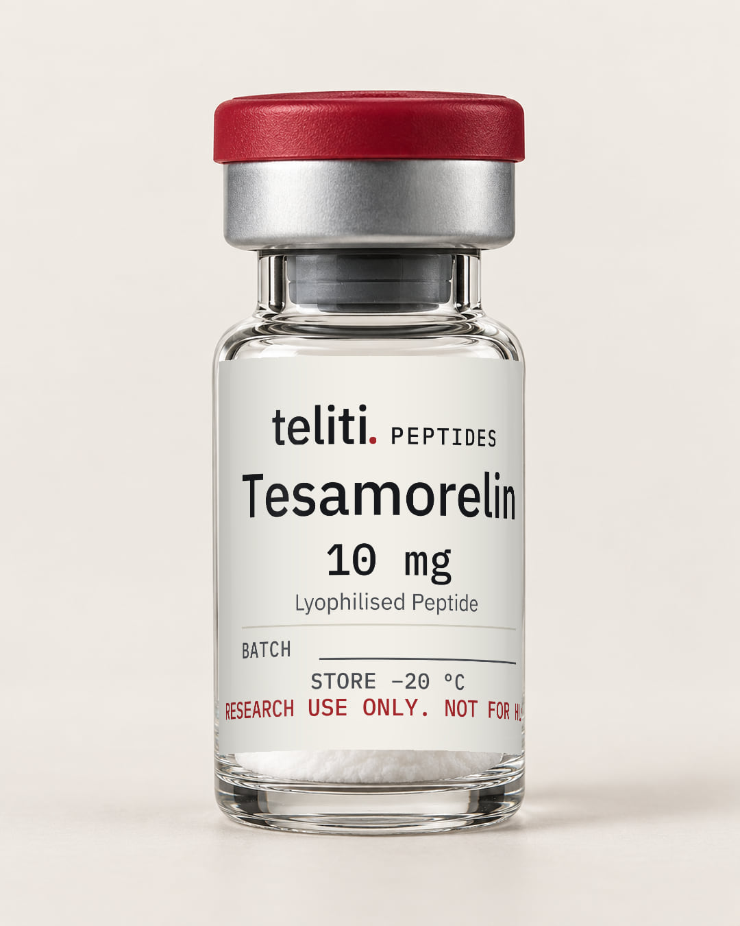 Tesamorelin 10 mg lyophilised peptide in a 3 mL vial with the Teliti Peptides label